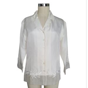 NWT Silkland Silk Hand Beaded Embroidered Sheer Trim Top Size M Cream Holiday